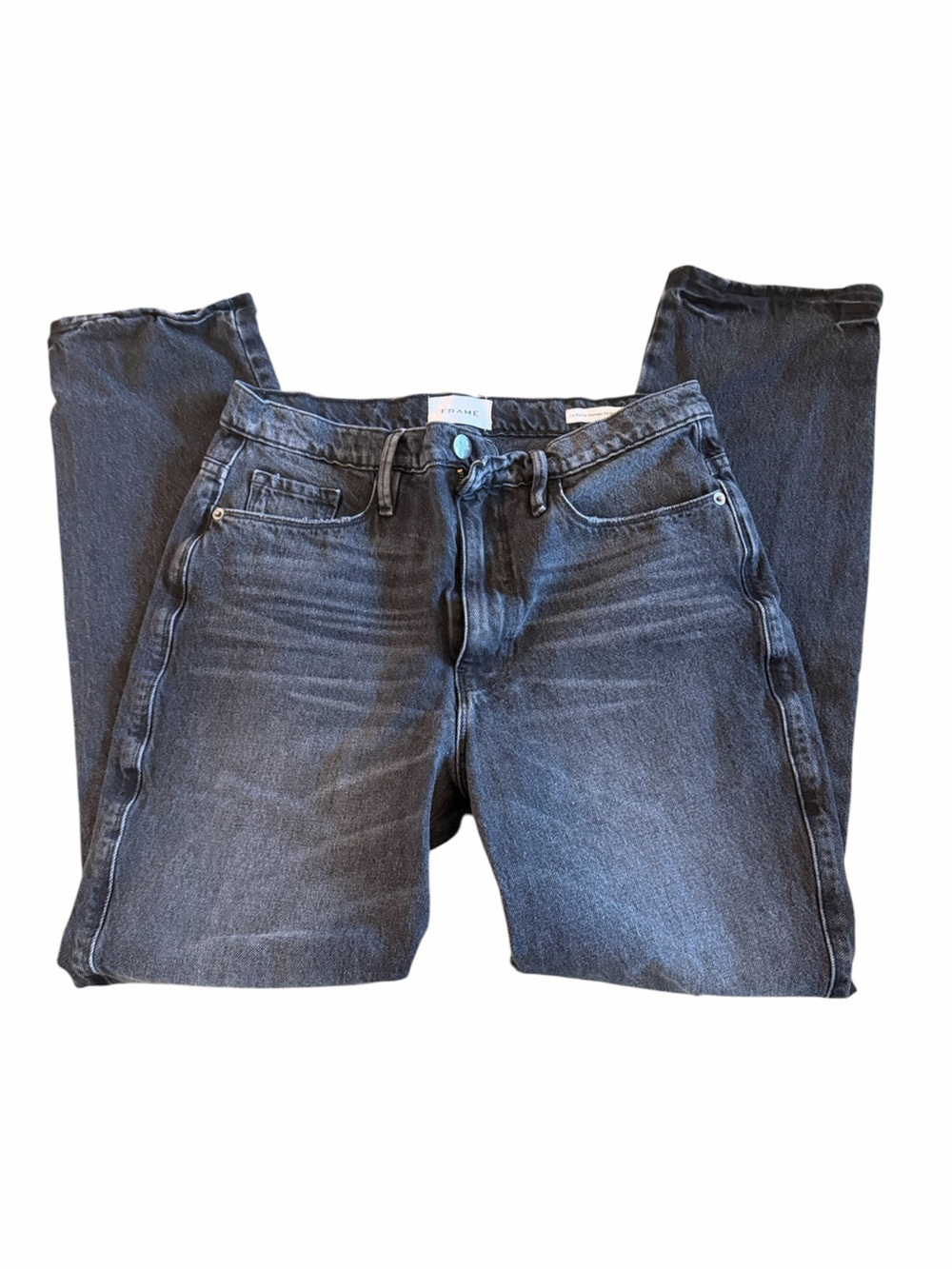 Frame Denim Women's Straight Leg Ripped Jeans in Washed Black